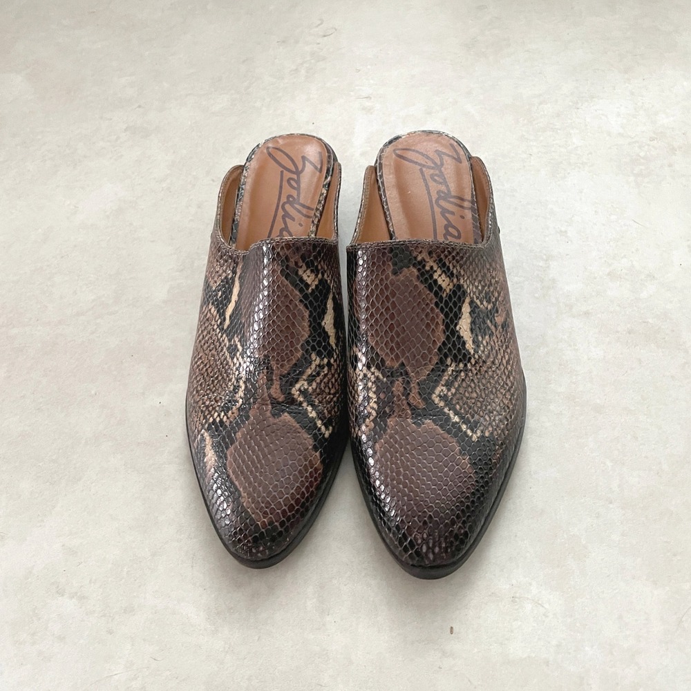 Zodiac Womens Snakeskin Embossed Mules Pointed Toe Block Heel Brown Python Sz 10